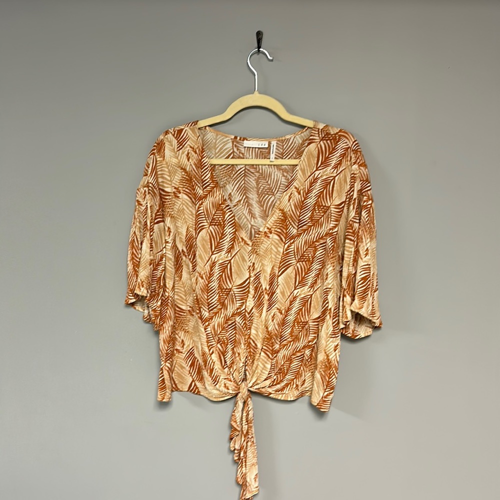 Luq Womens Printed V Neck Tie Hem Blouse Size L Multicolor